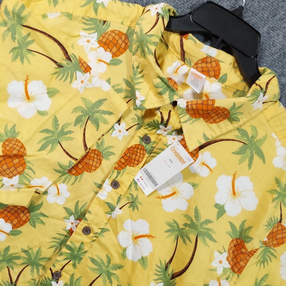 Gymboree Shirt Mens 2XL Yellow Hawaiian Aloha‎ Pineapple Floral Button Front